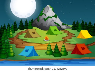 Acampar na floresta à noite ilustração