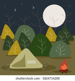 Camping in the  forest with night view. full moon and stars. vector illustration,eps10.