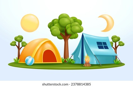 Camping im Wald. Zeltlager in Wald mit Lagerfeuer, Bäume, Ball, Tag und Nacht wechseln. 3D-Vektorgrafik geeignet für Banner, Poster, Websites und soziale Medien