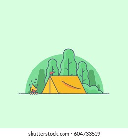Camping in Forest Retro Line Vector Illustration