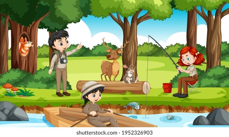 Camping in the forest scene with many children doing different activities illustration