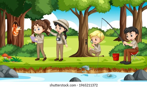 Camping in the forest scene with many children doing different activities illustration