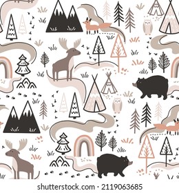 Camping in the forest. Seamless pattern with hand drawn vector illustrations with Wild animals scheme