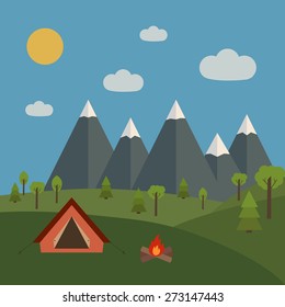 Camping in the forest with tent and bonfire.