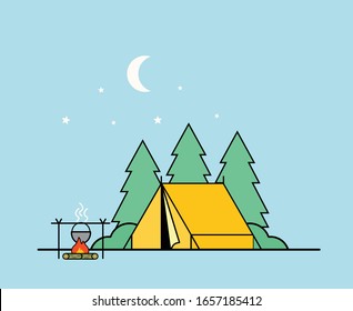 camping in forest with tent and campfire. Simple vector illustration