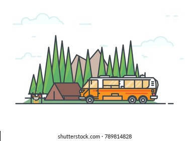 Camping in forest. Tent with fire and pot with food. Big six wheels caravan or camper motorhome. Family road trip concept. Traveling on vehicle and nature adventure. Line vector. Camping on wheels.