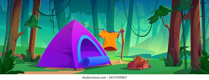 Camping in forest with tent and firewood for fireplace. Cartoon vector summer illustration of campsite in woodland with green trees and grass, tourist equipment and clothes. Eco tourism concept.