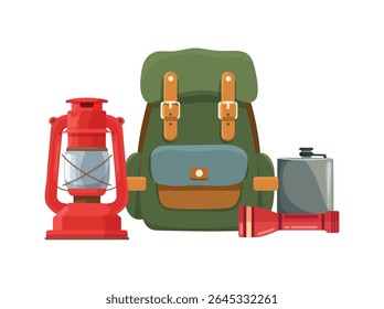 Camping, Viaje al bosque. Clipart de Vector plano, ilustración con fondo aislado.