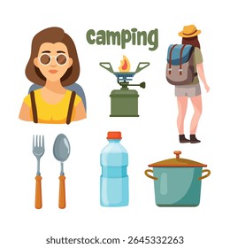 Camping, Forest travel. Flat vector clipart, illustration with isolated background.