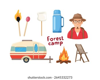 Camping, Wald fahren. Flacher Vektorclipart, Illustration mit isoliertem Hintergrund.