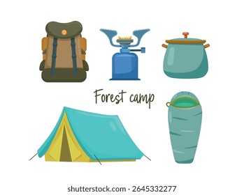 Camping, Wald fahren. Flacher Vektorclipart, Illustration mit isoliertem Hintergrund.
