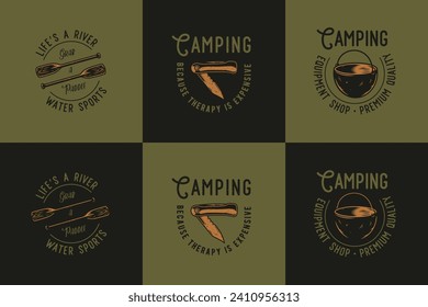 Camping for forest travel print. Timber hiking and expedition for traveler and tourist. Graphic design for outdoor adventure. Sport activity
