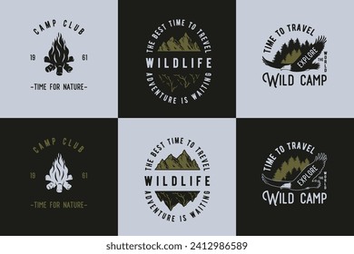 Camping for forest travel print. Timber hiking and expedition for traveler and tourist. Graphic design for outdoor adventure. Sport activity