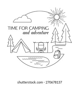 Camping and forest travel and tourism outline background. Vector illustration