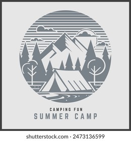 Camping en Arte vectorial forestal. Arte monocromático. 