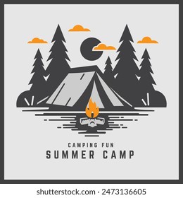 Camping in forest vector art. Monochromatic art. 