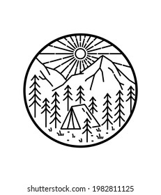 camping in forest vector design in mono line art ,badge patch pin graphic illustration, vector art t-shirt design