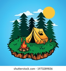 Camping in forest vector illustration