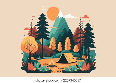 Camping in the forest. Vector illustration in flat design style. Nature camp background Concept