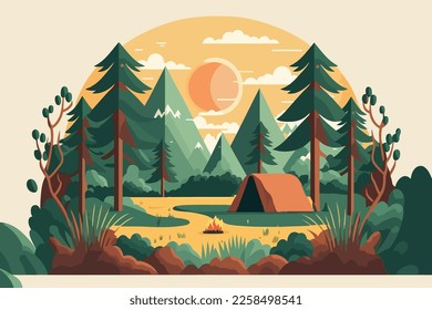 Acampando en el bosque. Ilustración vectorial de diseño plano. Antecedentes del campamento natural Concepto