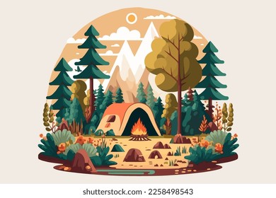 Camping in the forest. Vector illustration in flat design style. Nature camp background Concept