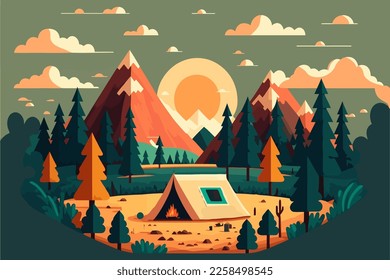 Camping in the forest. Vector illustration in flat design style. Nature camp background Concept