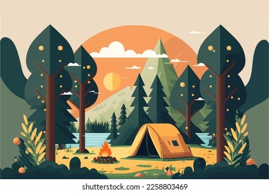 Camping in the forest. Vector illustration in flat design style. Nature camp background Concept