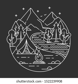 Camping in a forest. Vector illustration. Line art. 