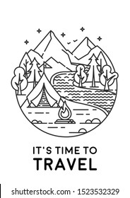 Camping in a forest. Vector illustration. Line art. 
