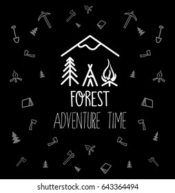 Camping in forest vector illustration set of hiking equipment