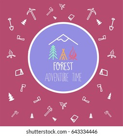 Camping in forest vector illustration shown as circled emblem with pattern around.