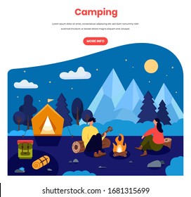 Camping in Wald Vektorillustration Web-Banner-Vorlage. Schönes Ehepaar, das um das Lagerfeuer in der Nähe des Zeltes sitzt, flache Abbildung. Sommercampingplatz, Wandern, Abenteuertourismus und Reisen, Campingplatz, Aktivitäten im Freien.
