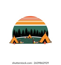 Camping in the forest with very dense trees behind it