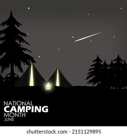 Camping in the forest with a view of the starry night sky with shooting stars and bold texts, National Camping Month in June