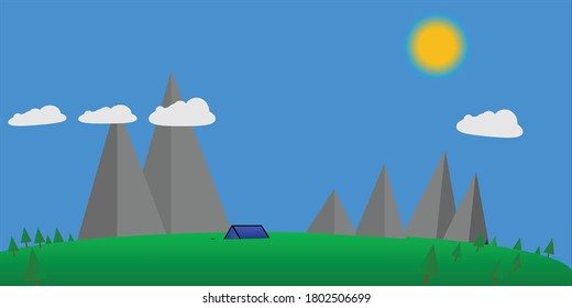 Camping in the forests and mountain at noon, a tent erected on the middle of the forests