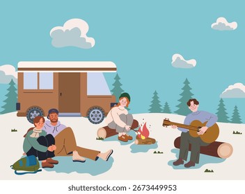 Acampar com Amigos na Campfire no inverno