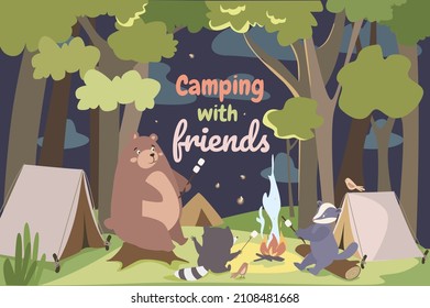 Camping with friends concept background. Cute animals resting with tents in forest. Bear, raccoon and badger roasting marshmallows on campfire in evening. Vector illustration in flat cartoon design