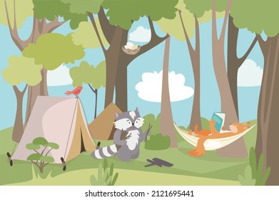 Camping with friends concept background. Cute animals rest with tent. raccoon collects firewood and makes campfire. Squirrel reading book lying in hammock. Vector illustration in flat cartoon design