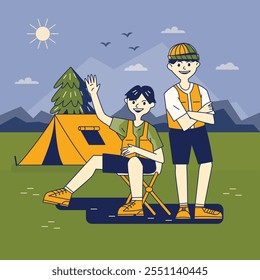 Camping con amigos, ilustración plana