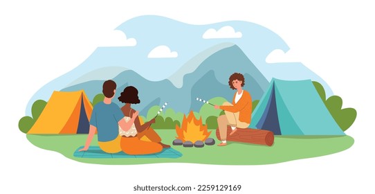 Camping with friends. Men and women near tents sit and roast marshmallows on campfire. Weekends and holiday outdoors. Active lifestyle and hiking, leisure and travel. Cartoon flat vector illustration