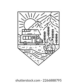 Actividad de acampada en la naturaleza salvaje y calentada por el diseño de la línea mono de fuego para insignia, pegatina, parche, diseño de camisetas, etc
