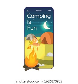 Camping is fun cartoon smartphone vector app screen. Overnight stay in wilderness. Mobile phone displays with flat character design mockup. Expedition site application telephone cute interface