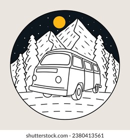 camping fun on the mountains with lovely camp car vintage vector 
for t shirt, badge, sticker and others