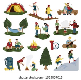 Camping funny flat retro mini compositions icons set with hiking mountain climbing people accessories situations vector illustration 