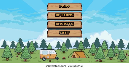 Camping game home menu with wooden buttons in pixel art and 8-bit style