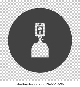 Camping gas burner lamp icon. Subtract stencil design on tranparency grid. Vector illustration.
