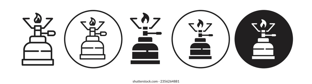 Camping gas icon. Cooking hot gas stove symbol. Vector set of butane burner for outdoor hiking adventure. Flat outline of metal household portable equipment 