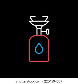 Vector de estufa de gas de camping aislado en icono de fondo negro. Cartel de camping y senderismo. Símbolo gráfico del sitio web de viajes y turismo y diseño de aplicaciones, logotipo, aplicación, interfaz de usuario