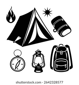 Equipamento de acampamento e ilustração vetorial de equipamento de aventura definido em preto e branco