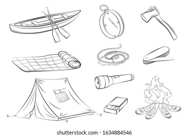 camping gear bundle set vector illustration design icons. in the form of lines. axes, tents, pocket knives, ropes and more
